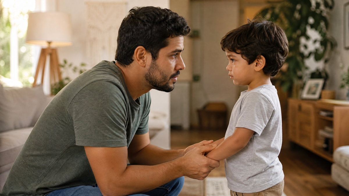 Pai latino ajoelhado ao nível do olhar do filho pequeno, demonstrando empatia e conexão emocional em um ambiente acolhedor, ilustrando o conceito de neurociência e comportamento infantil