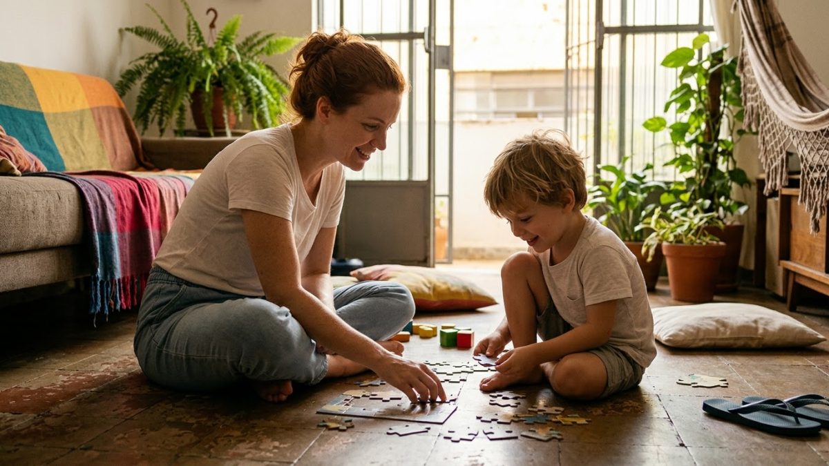 Mãe e filho de 4 anos montando juntos um quebra-cabeça no chão depois de um desentendimento, os dois já sorrindo