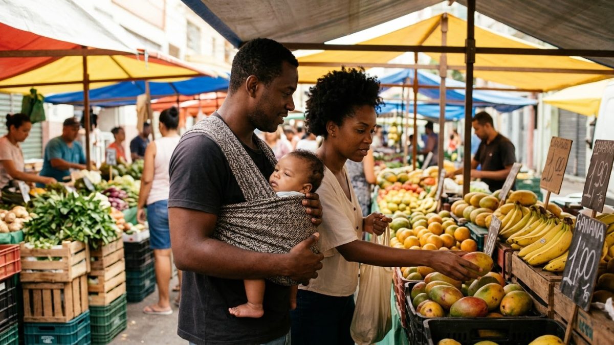 Pai com o bebê no sling fazendo compras numa feira livre, a mãe ao lado escolhendo frutas