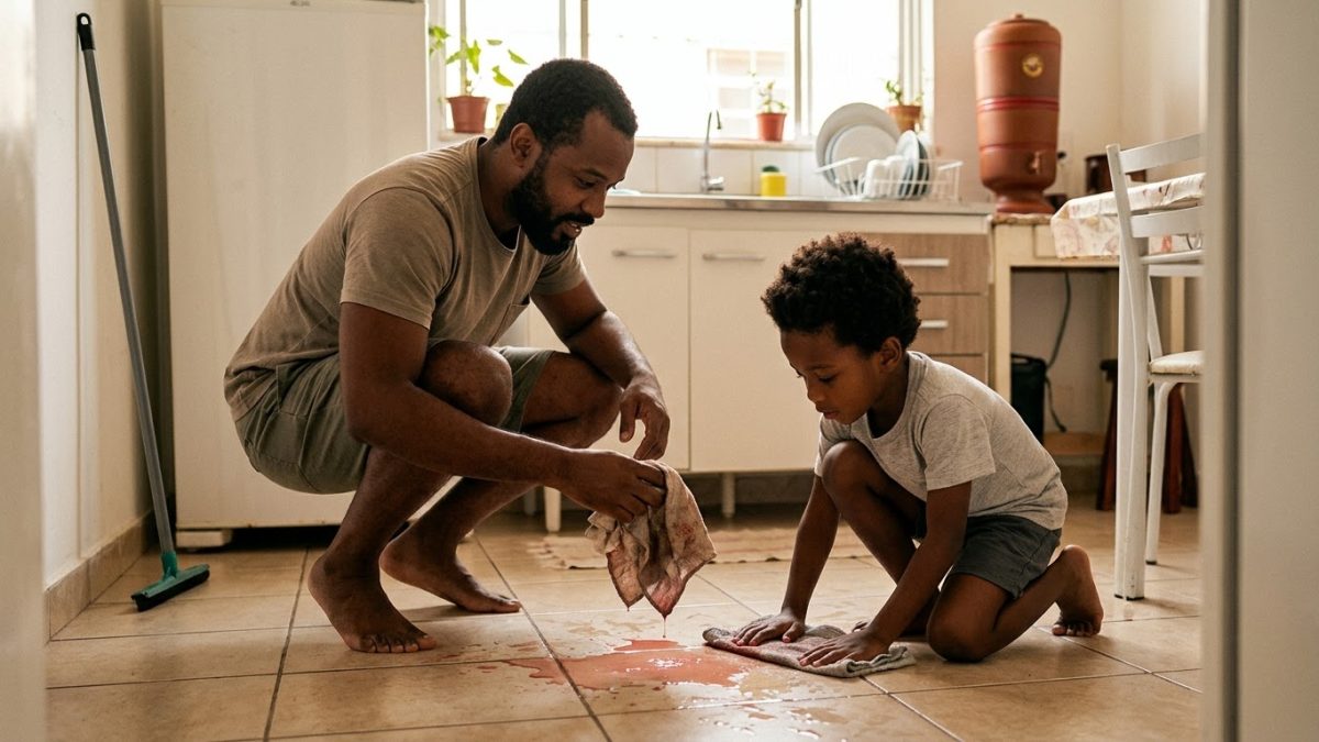Pai e filho de 6 anos limpando juntos, com panos, o suco derramado no chão da cozinha, em clima de cooperação