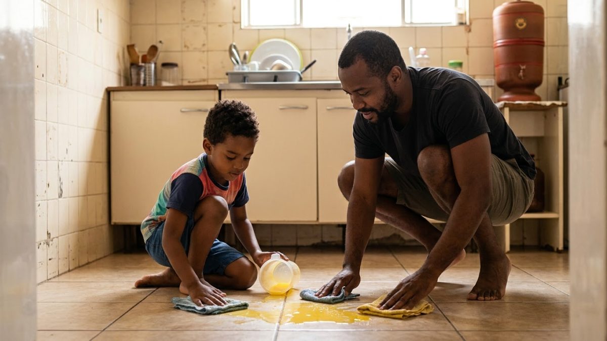 Pai e filho de 6 anos limpando juntos, com panos, o suco de laranja amarelo derramado no chão da cozinha, em clima de cooperação