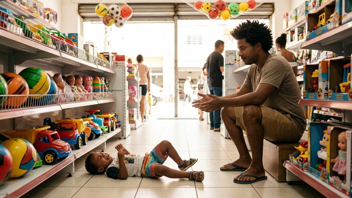 Criança de 3 anos se jogando no chão de birra numa loja de brinquedos