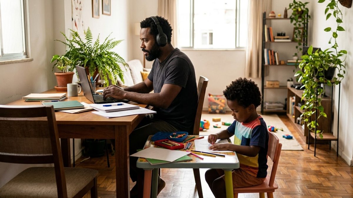 Pai em home office, de fone de ouvido numa videochamada, com o filho de 4 anos desenhando numa mesinha ao lado dele