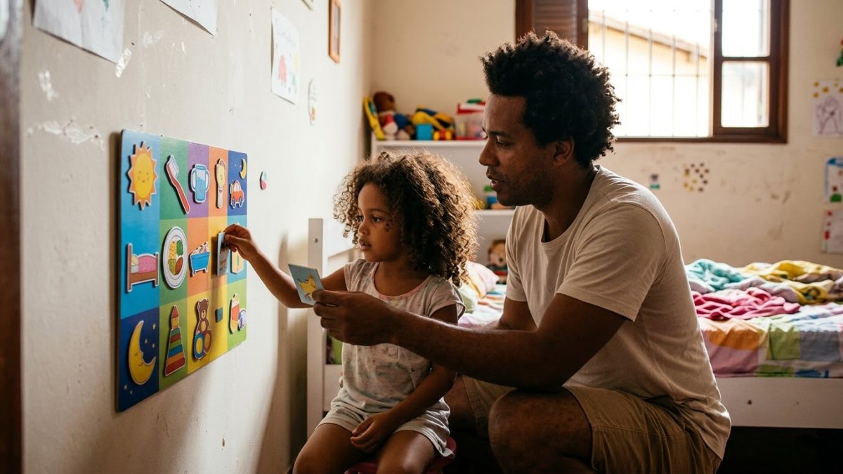Pai e filha montando juntos, na parede do quarto, um quadro de rotina com figuras coloridas, sem palavras