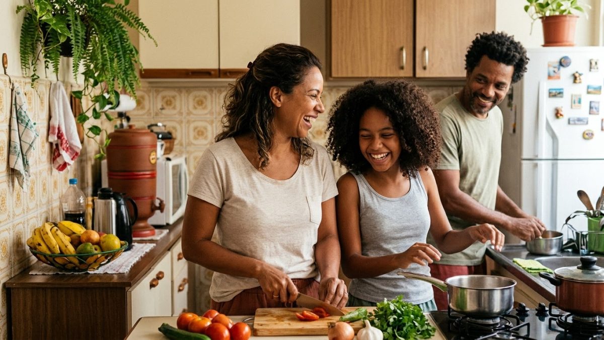 Mãe e filha adolescente rindo juntas na cozinha enquanto preparam o jantar, com cumplicidade