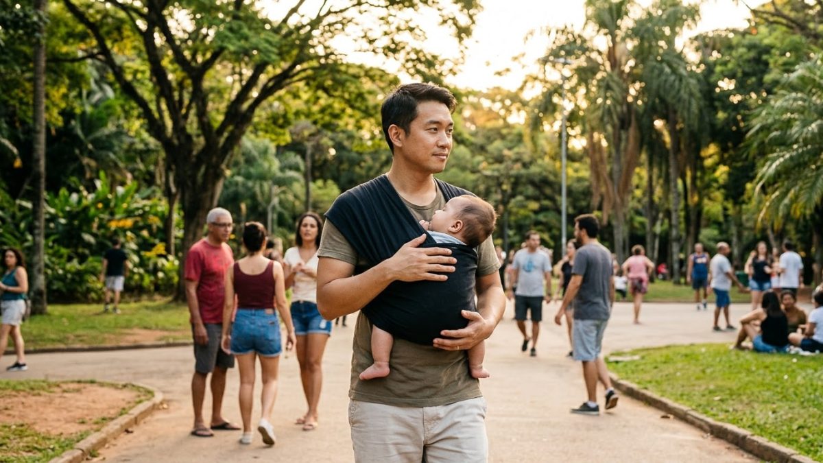 Pai com o bebê num sling num parque, pessoas ao fundo olhando curiosas; ele tranquilo e confiante