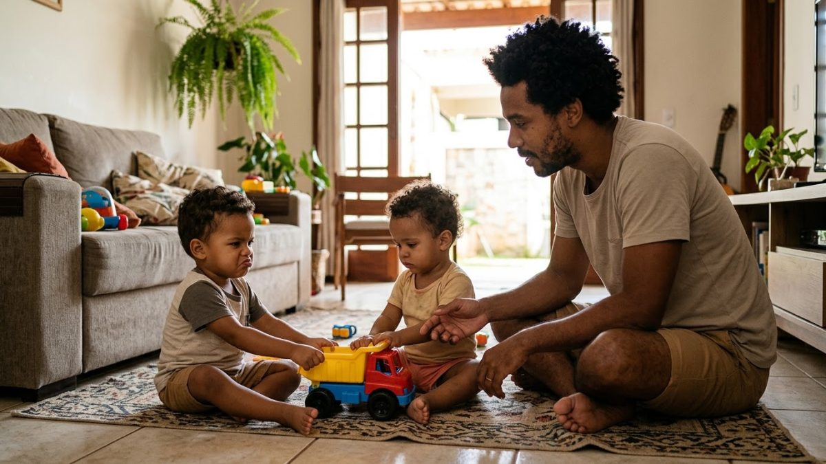 Duas crianças de 2 anos puxando o mesmo caminhãozinho de brinquedo no tapete, uma delas emburrada