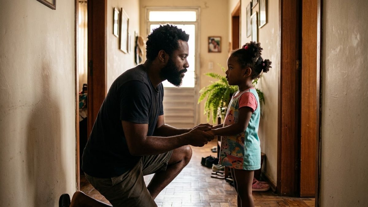 Pai ajoelhado no corredor de casa olhando nos olhos da filha de 4 anos e segurando as mãos dela, firme e gentil