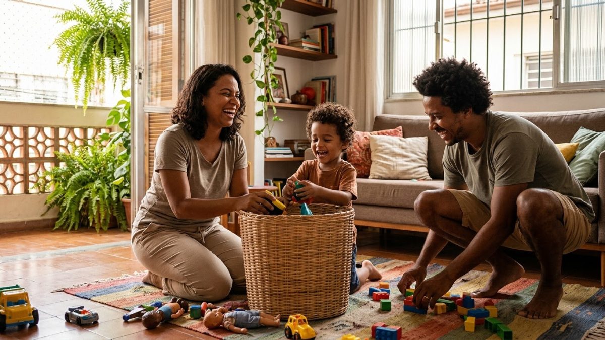 Mãe e filho de 4 anos rindo juntos enquanto guardam os brinquedos espalhados numa caixa grande