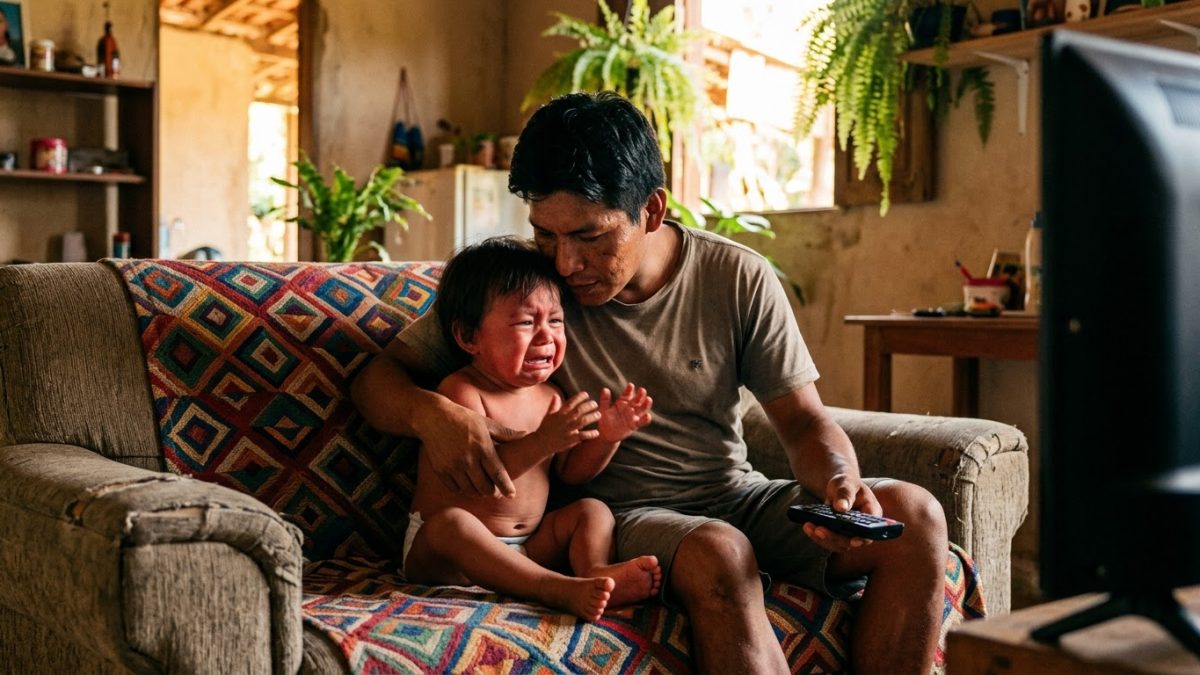 Criança de 1 ano e meio chorando no sofá porque a TV foi desligada