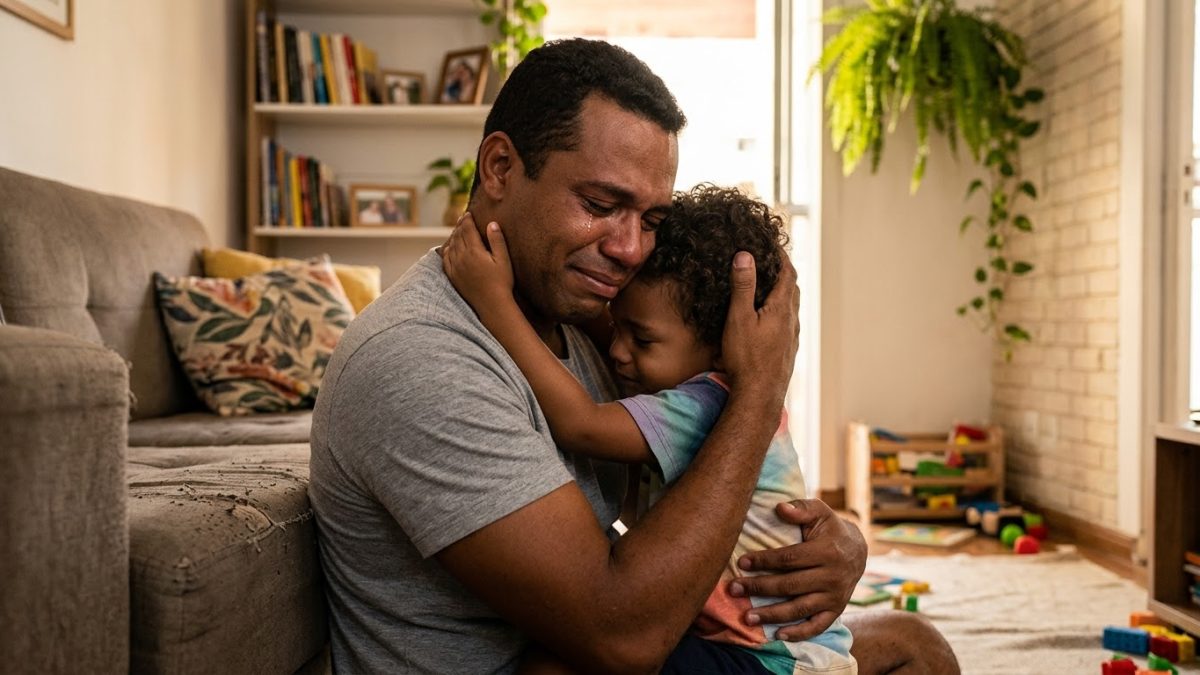 Pai emocionado, com lágrimas nos olhos, abraçando o filho pequeno num momento de ternura na sala