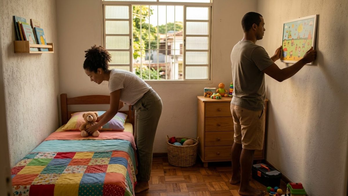 Casal arrumando o quarto para uma criança de uns 5 anos que vai chegar por adoção