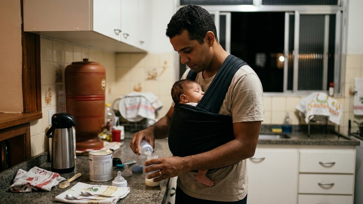 Pai preparando uma mamadeira na bancada da cozinha à noite, com o bebê num carregador de pano no peito