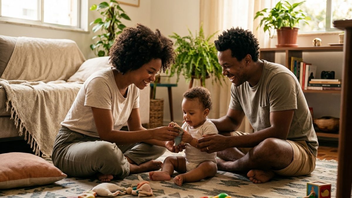 Casal sentado no chão da sala com o bebê entre eles, os dois brincando juntos com o bebê