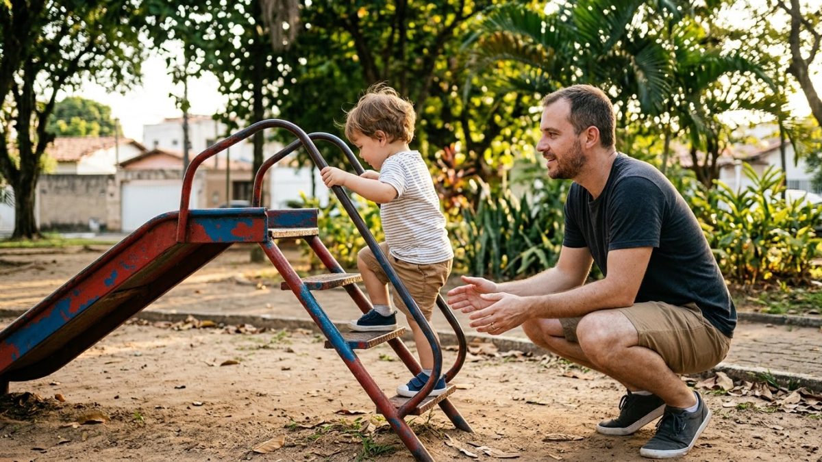 Criança de 2 anos subindo a escadinha de um escorregador pequeno no parque; o pai perto, mãos prontas mas sem segurar, olhar de confiança