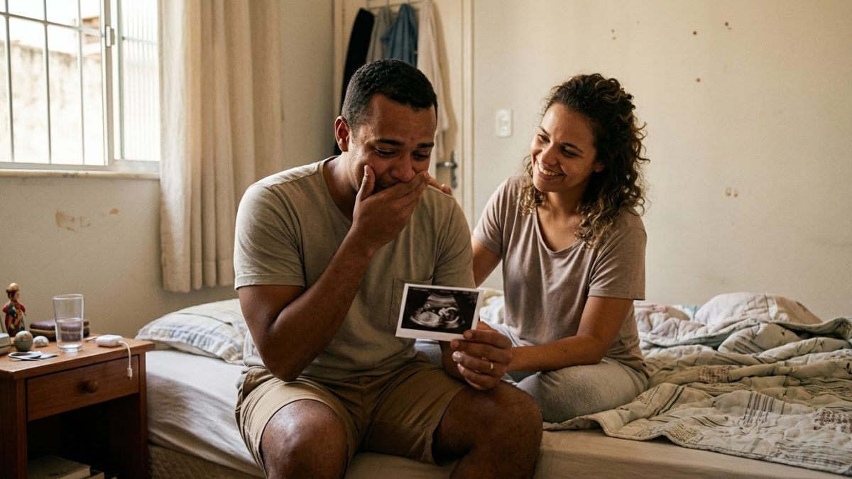 Futuro pai sentado na beira da cama segurando uma imagem de ultrassom, emocionado, com a mão na boca