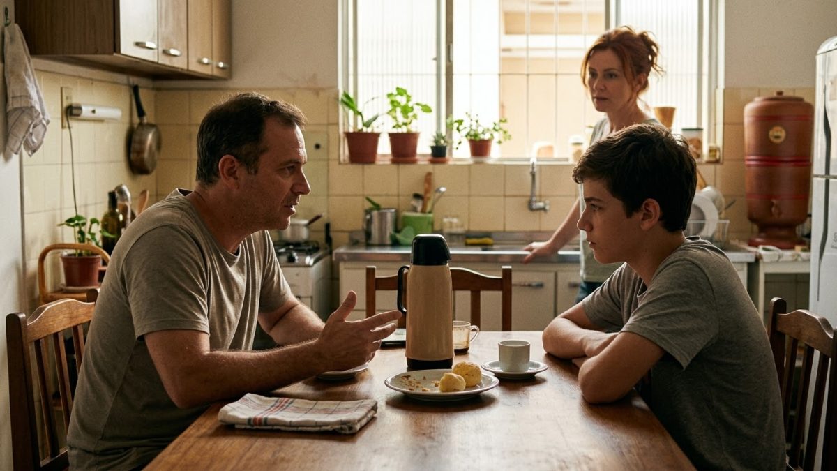 Pai conversando sério com o filho adolescente na mesa da cozinha sobre respeito, e o garoto escutando com atenção