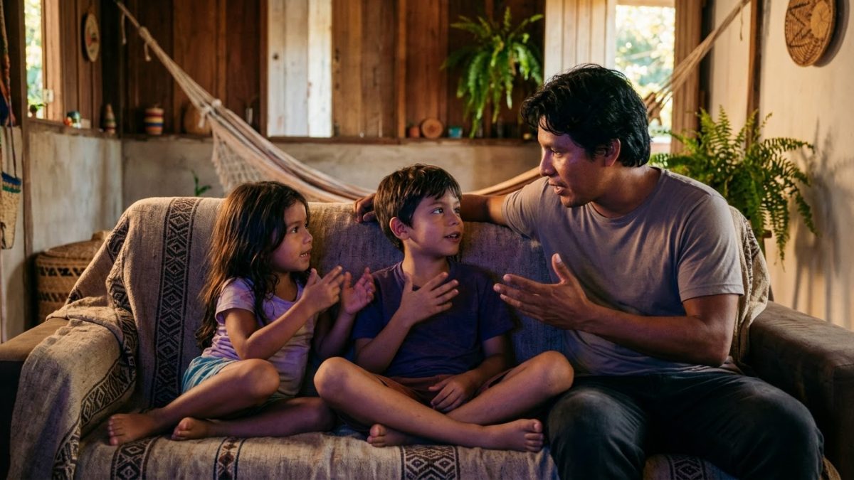 Pai e os dois filhos no sofá assistindo a um desenho na TV, só a luz colorida da tela visível, conversando sobre o que viram