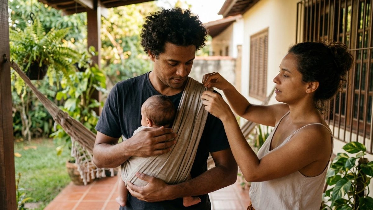 Pai ajustando um carregador de bebê de pano com o bebê de frente para o peito, na varanda de casa; a mãe ajuda a ajeitar a alça