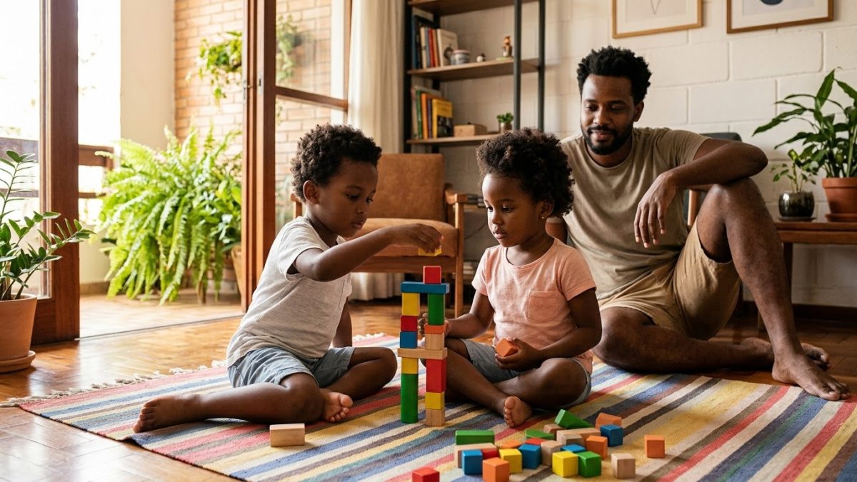 Duas crianças de 3 anos brincando juntas no tapete, construindo lado a lado uma torre de blocos, sem disputa