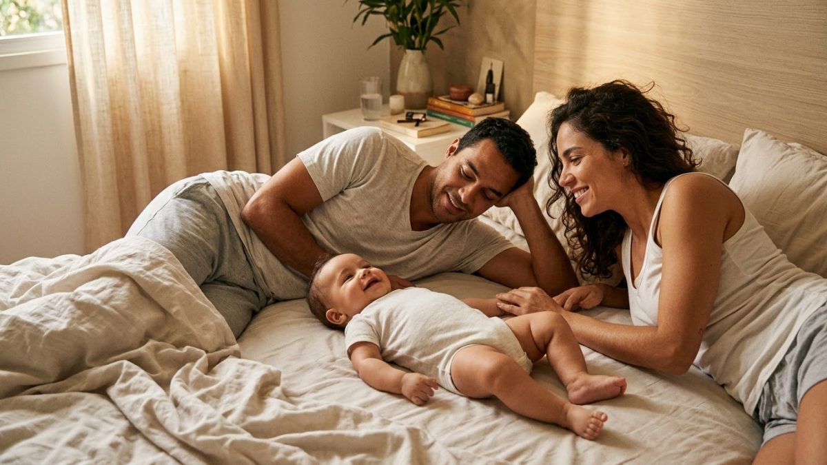 Pai e mãe deitados na cama com o bebê acordando entre os dois