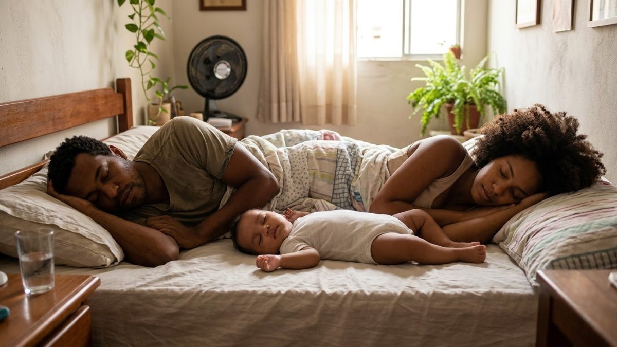 Bebê dormindo tranquilo de barriga para cima numa cama de casal ao lado do pai, que também dorme, com a luz da manhã entrando