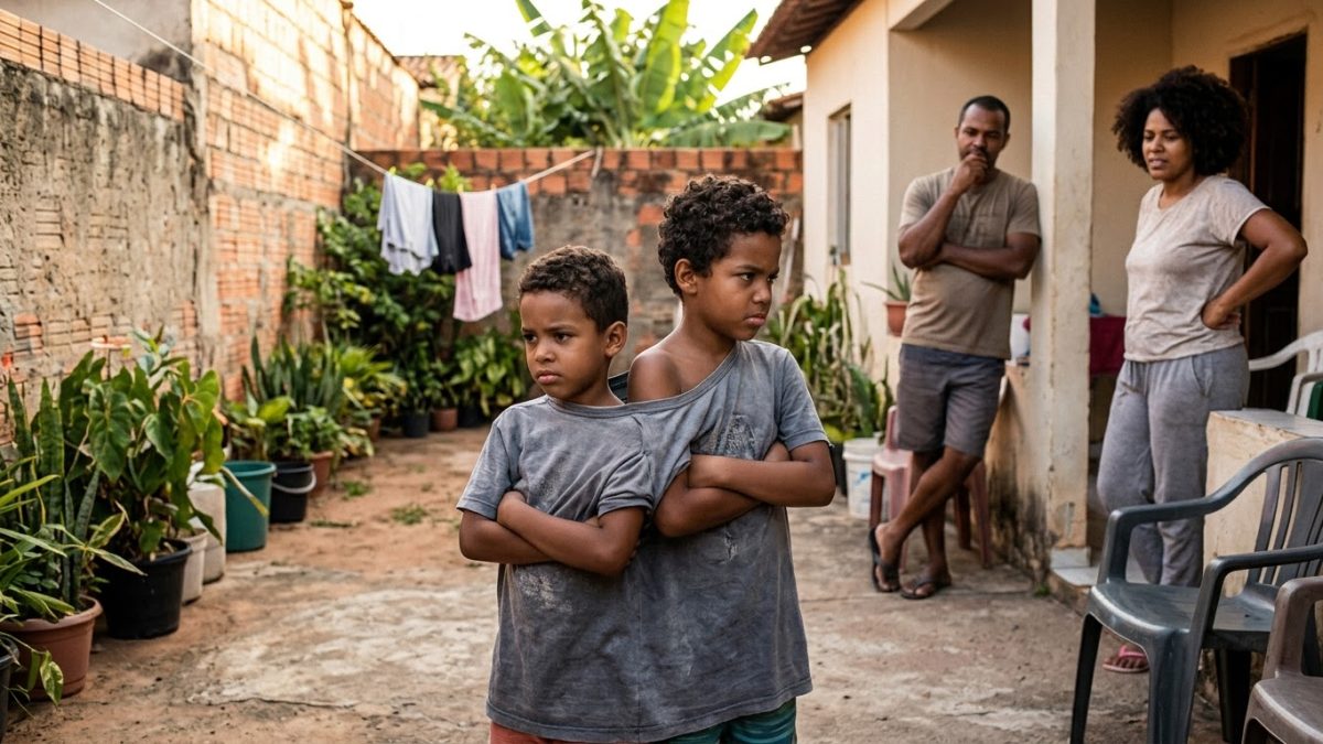 Dois irmãos de 6 e 8 anos vestindo juntos uma única camiseta gigante, os dois emburrados e de braços cruzados no quintal