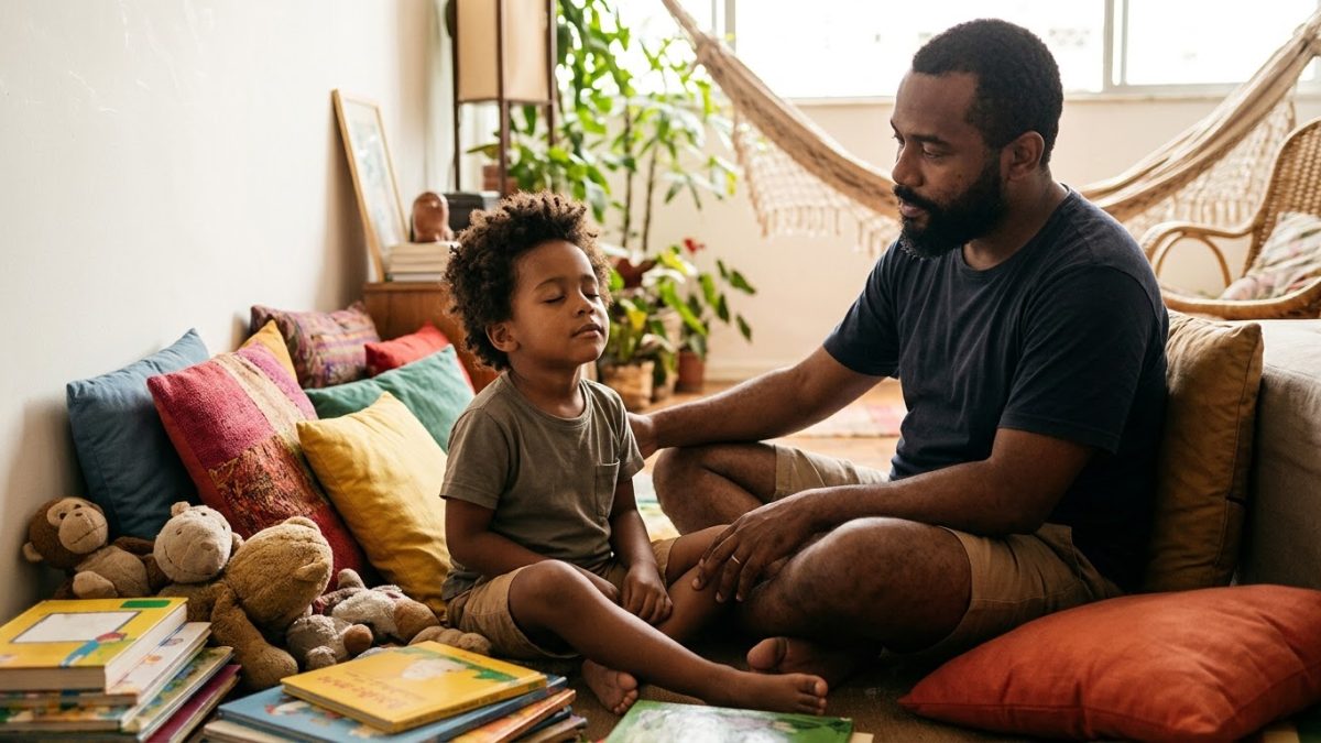 Um canto da sala com almofadas, livros e bichos de pelúcia