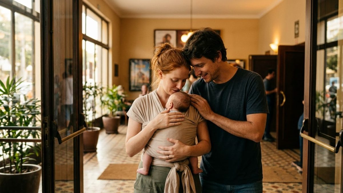 Casal com o bebê num sling saindo de uma sala de cinema, emocionados, saguão com luz quente