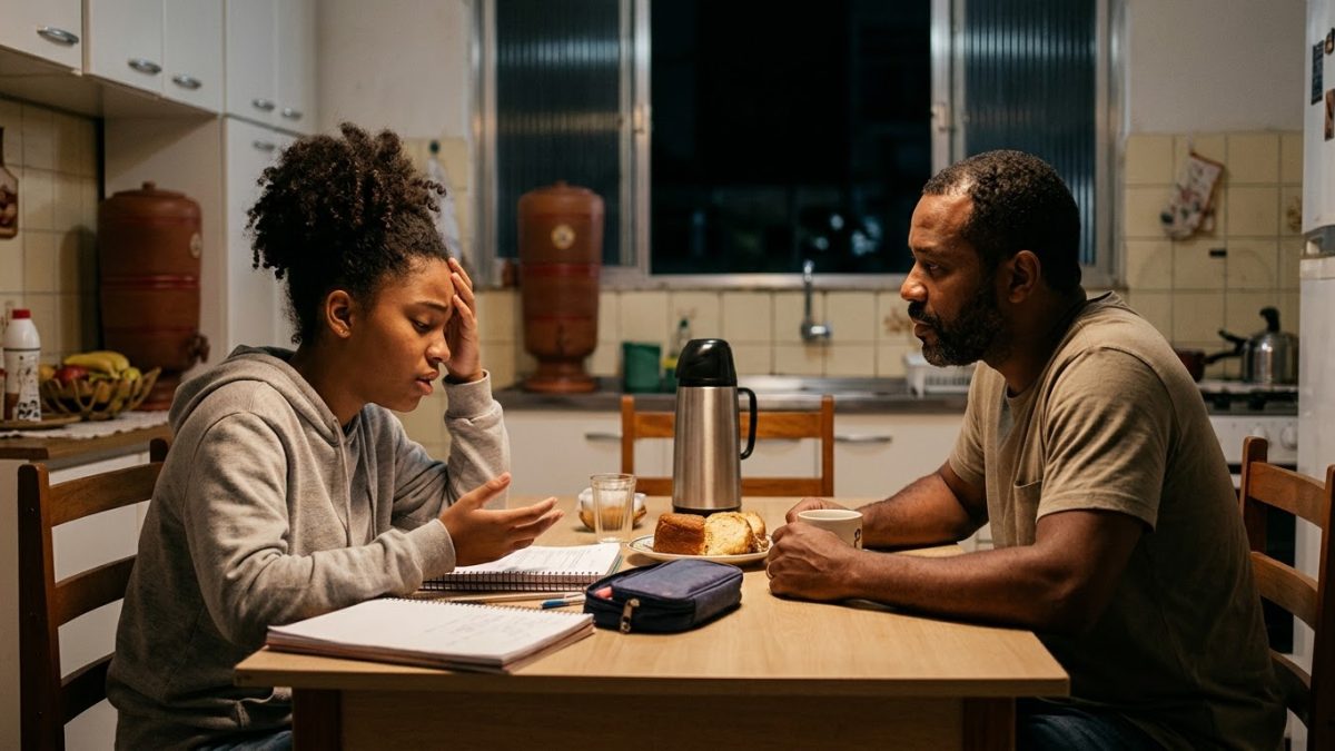 Pai e filha adolescente sentados à mesa da cozinha à noite, ela com cadernos e cara de estresse, ele ouvindo com atenção