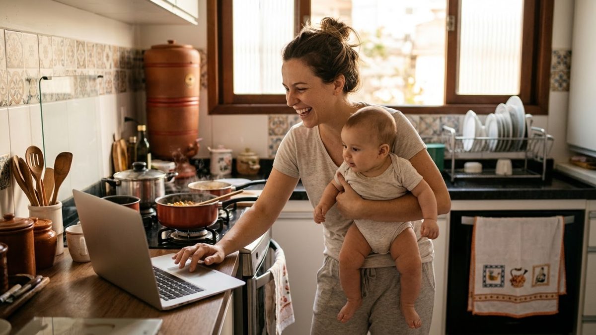 Mãe tentando equilibrar ao mesmo tempo o notebook, o bebê no colo e uma panela no fogão, rindo de cansaço