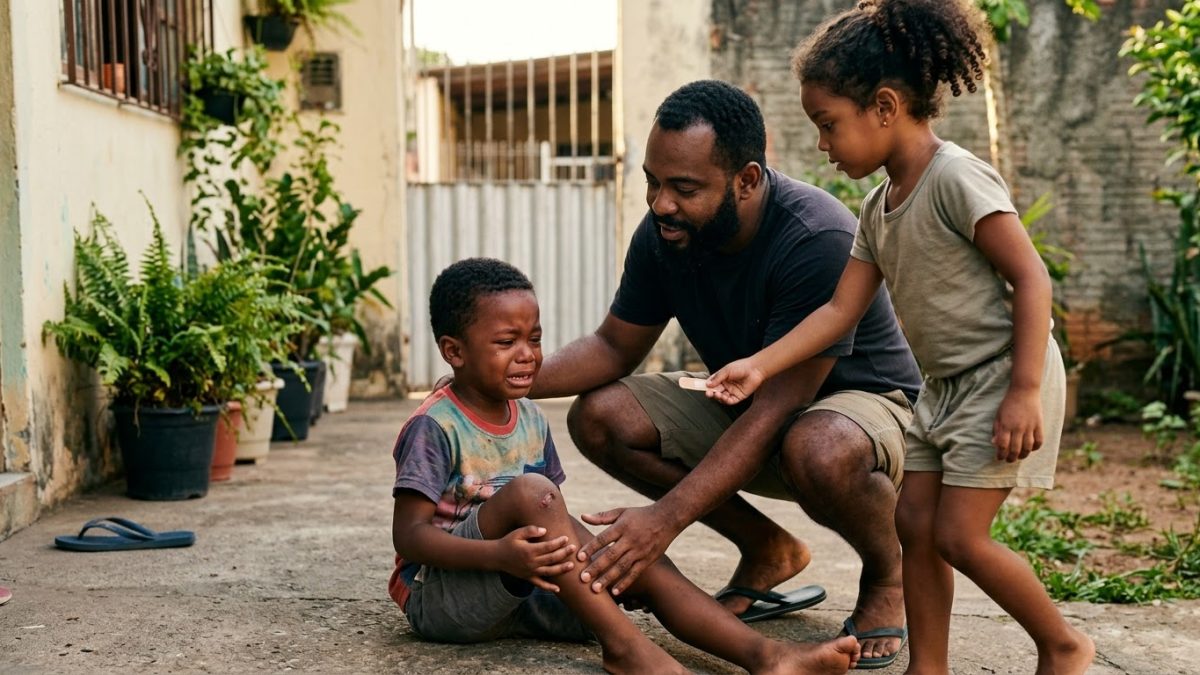 Menino de 4 anos chorando com o joelho ralado