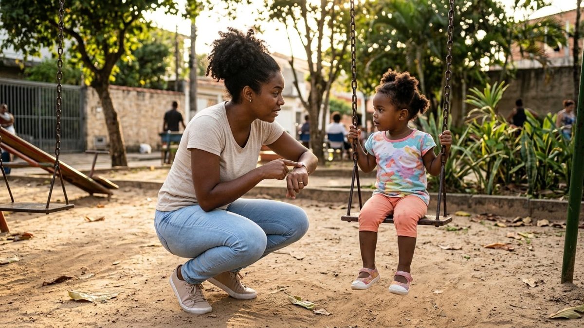 No parquinho, a mãe agachada avisa com calma a filha de 3 anos, ainda no balanço, que daqui a pouco vão embora, mostrando o relógio de pulso