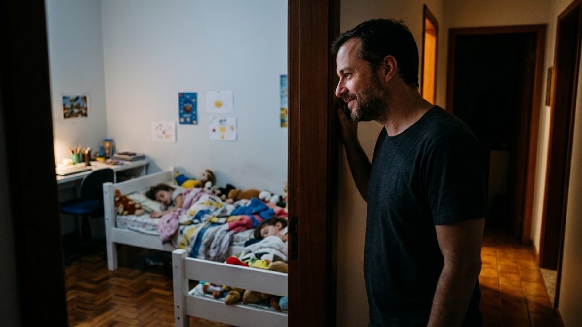 Pai à noite olhando pela porta entreaberta os filhos dormindo, com um sorriso tranquilo