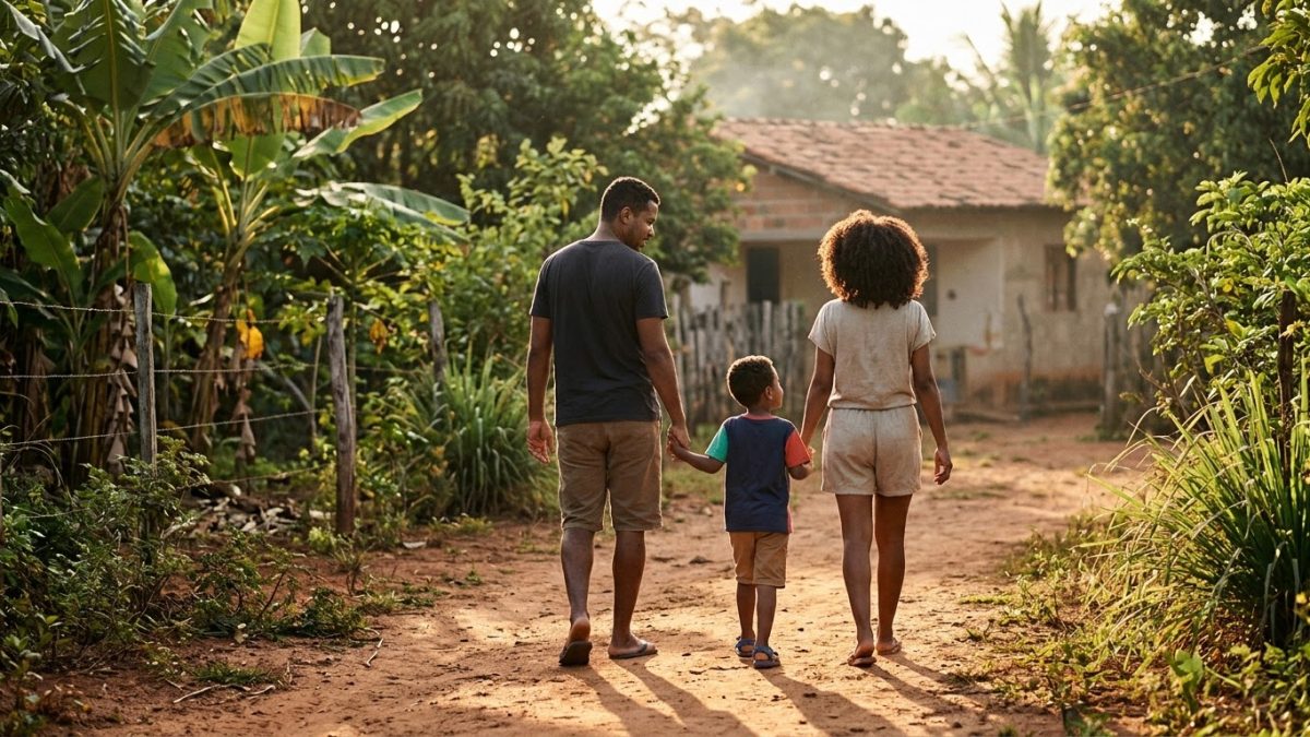 Pai caminhando de mãos dadas com o filho de 4 anos numa trilha de terra ao entardecer, os dois olhando para a frente