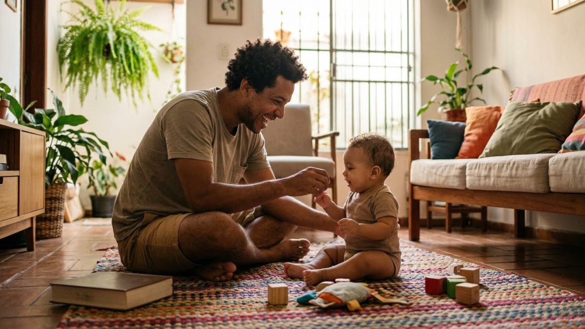 Pai fecha um livro grosso sobre criação de filhos e o deixa de lado para brincar no tapete com o bebê