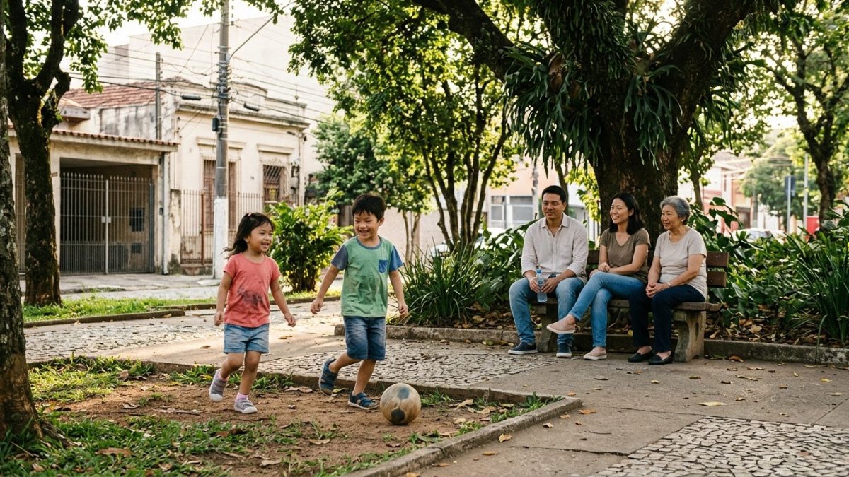 Crianças brincando livres numa praça arborizada, enquanto adultos as observam de um banco
