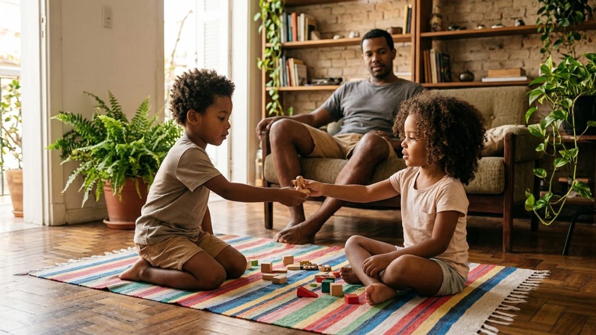 Duas crianças de uns 4 anos no tapete, uma oferecendo um brinquedo para a outra; o pai observa ao fundo