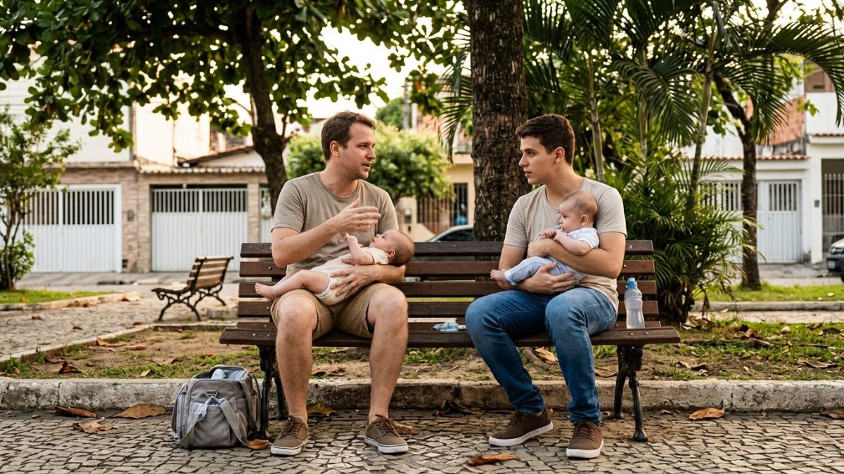 Dois homens, dois pais de uns 30 anos, conversando num banco de praça, cada um com o seu bebê no colo; um deles explica algo ao outro, que escuta com atenção