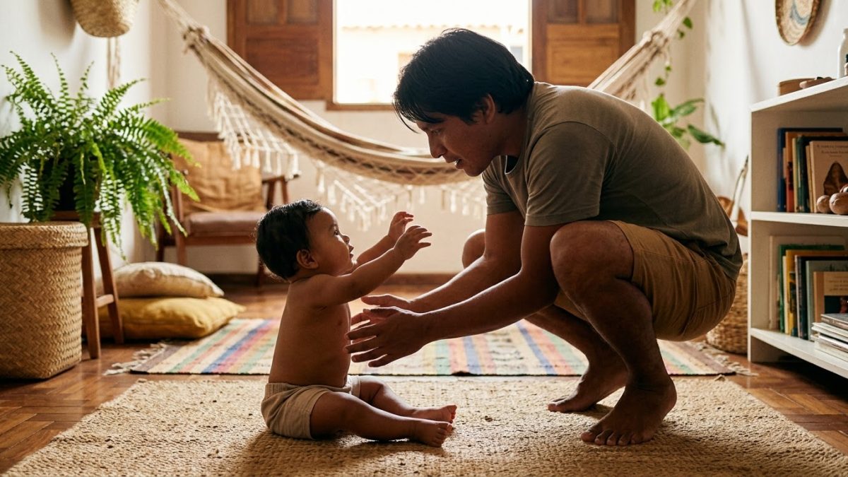 Pai se abaixa e responde com atenção ao bebê de 10 meses que estende os braços pedindo colo, no tapete da sala