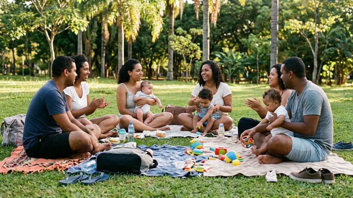Pais e mães sentados numa roda de conversa num parque, bebês no colo, conversando sobre criação dos filhos