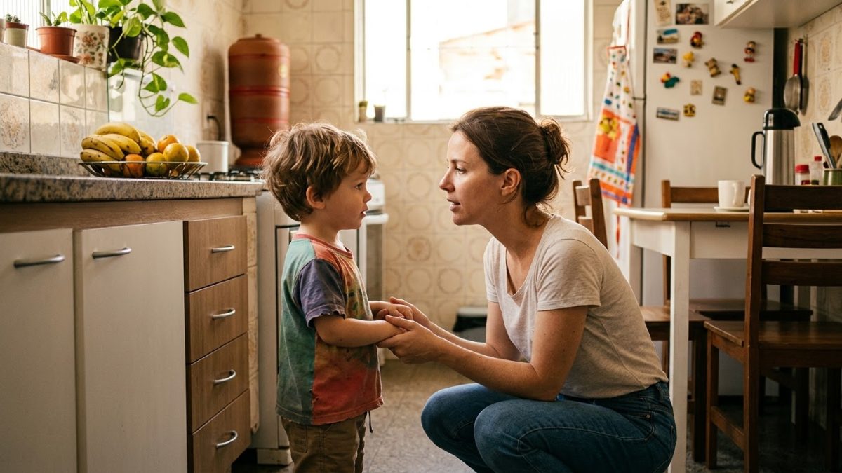 Mãe agachada na altura do filho de 3 anos, segurando com gentileza as mãos dele e explicando algo com calma, na cozinha