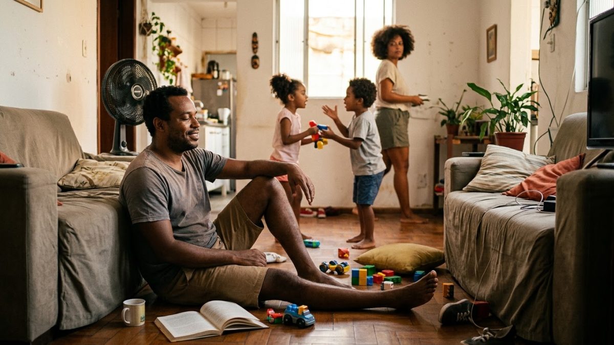 Pai cansado sentado no chão da sala bagunçada, os dois filhos discutindo ao fundo