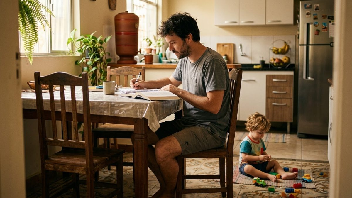 Pai à mesa da cozinha estudando com um livro aberto e um caderno de anotações, enquanto o filho de 2 anos brinca no chão ao lado