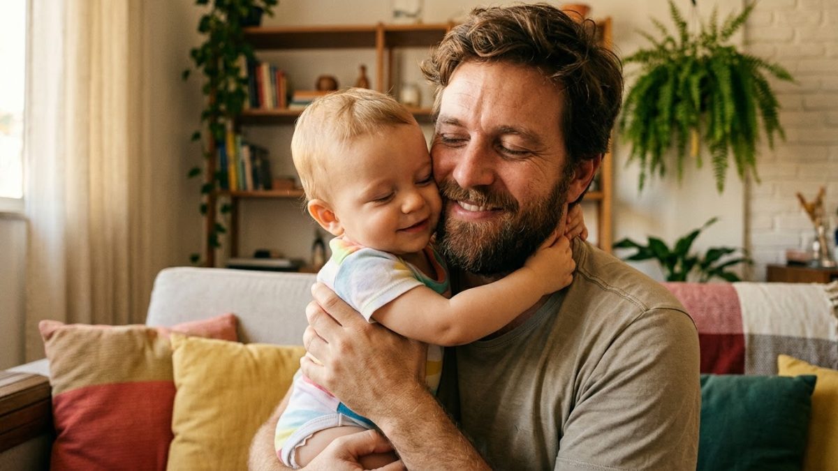 Pai abraça apertado o filho de 1 ano no colo, os dois de olhos fechados e sorrindo