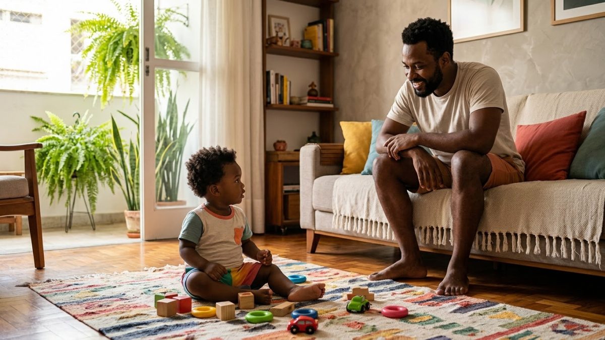 Criança de 1 ano explorando sozinha os brinquedos no tapete, olhando para trás para o pai sentado no sofá, que sorri