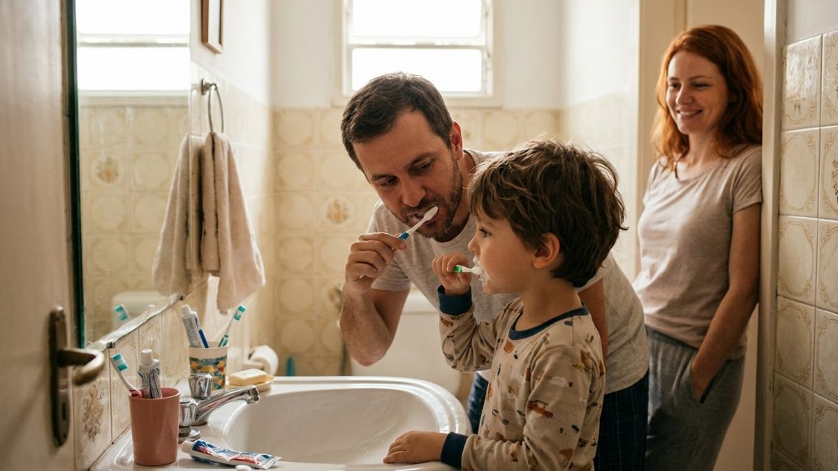 Criança de 6 anos escovando os dentes diante do espelho do banheiro, com o pai ao lado ensinando, os dois de escova na boca