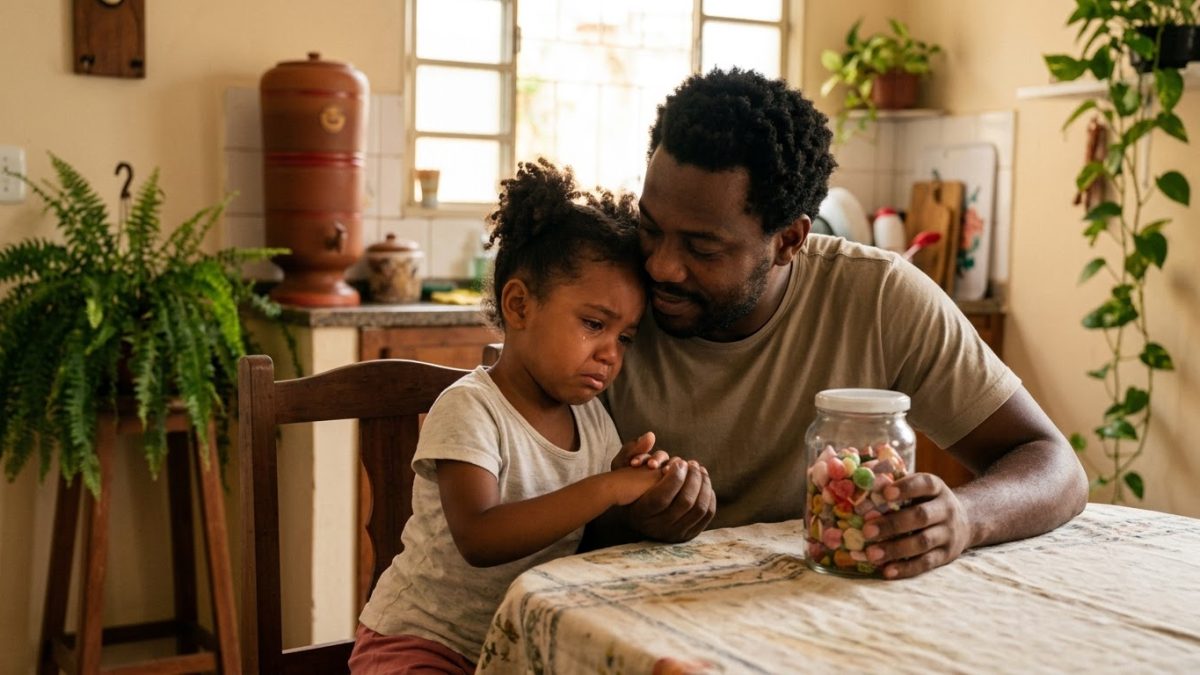Pai acolhe a filha triste por não poder comer outro doce, segurando a mão dela, com o pote de doces fechado na outra mão