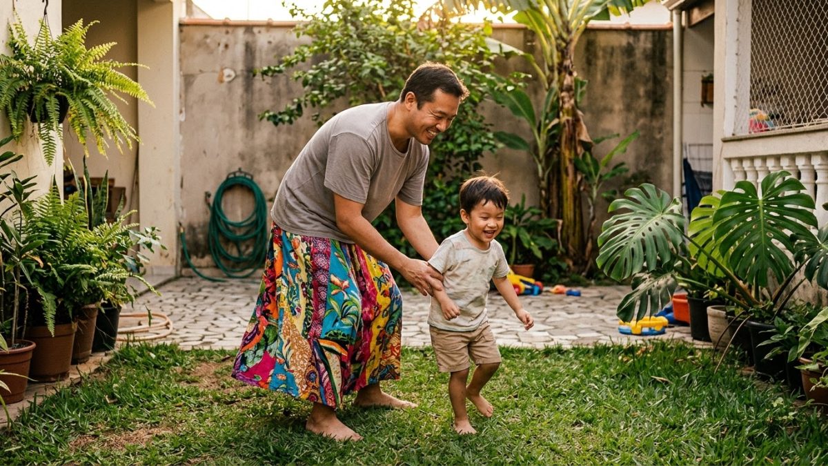 Um pai sorridente, de saia longa colorida, brinca no quintal com o filho pequeno, num clima leve e confiante