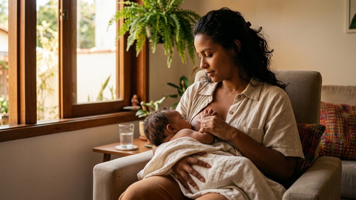 Mãe amamentando um bebê de uns 4 meses numa poltrona perto da janela, com uma manta leve, olhando o bebê com carinho